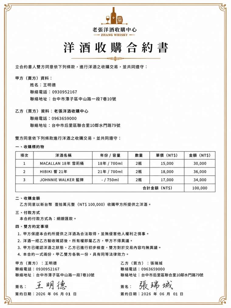 老張洋酒收購中心｜合約2